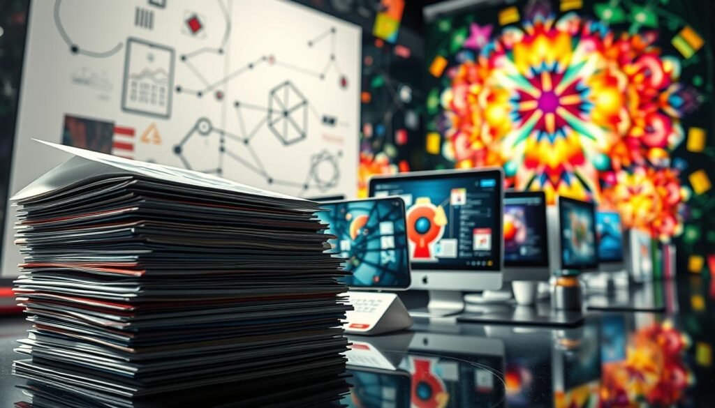 A vibrant, dynamic collage showcasing the transformation of content formats. In the foreground, a stack of traditional documents like books, magazines, and PDF files gradually morphing into sleek digital screens displaying interactive visualizations, 3D models, and immersive experiences. The middle ground features abstract geometric shapes and wireframes, symbolizing the underlying technological evolution. In the background, a kaleidoscope of colors and patterns representing the diverse range of modern content delivery platforms, from mobile apps to augmented reality. Dramatic studio lighting casts dramatic shadows, emphasizing the sense of change and progress. Captured with a wide-angle lens to convey a sense of depth and scale, the overall image conveys the seamless, ever-evolving nature of digital content formats. A vibrant, dynamic collage showcasing the transformation of content formats. In the foreground, a stack of traditional documents like books, magazines, and PDF files gradually morphing into sleek digital screens displaying interactive visualizations, 3D models, and immersive experiences. The middle ground features abstract geometric shapes and wireframes, symbolizing the underlying technological evolution. In the background, a kaleidoscope of colors and patterns representing the diverse range of modern content delivery platforms, from mobile apps to augmented reality. Dramatic studio lighting casts dramatic shadows, emphasizing the sense of change and progress. Captured with a wide-angle lens to convey a sense of depth and scale, the overall image conveys the seamless, ever-evolving nature of digital content formats.