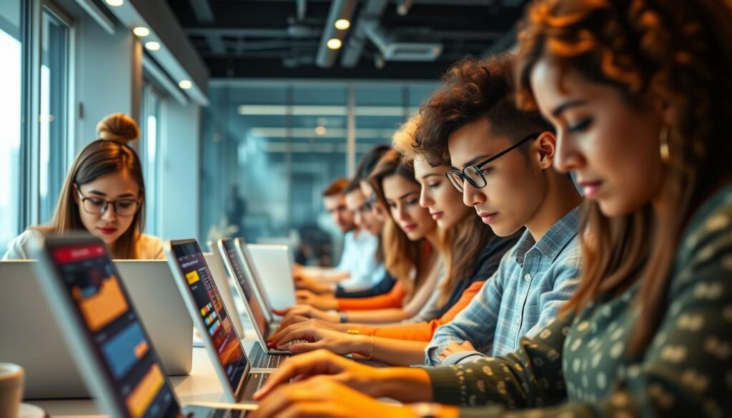 A vibrant, dynamic scene depicting online short courses, captured with a cinematic lens. In the foreground, a diverse group of learners intently engaged in their digital lessons, their faces illuminated by the glow of laptop screens. In the middle ground, a sleek, modern workspace with minimalist decor and strategic lighting, conveying a sense of efficiency and productivity. The background features a blurred cityscape, hinting at the boundless career opportunities these short courses can unlock. The overall atmosphere is one of focused determination, as the learners embark on their journeys to enhance their professional prospects through accessible, bite-sized educational experiences.