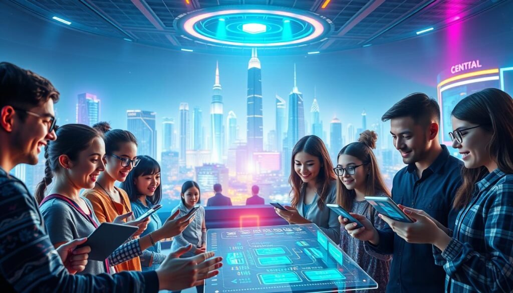 A vibrant, futuristic scene depicting the evolution of online learning gamification. In the foreground, a group of diverse learners interacting with holographic, AR-powered educational interfaces, their faces alight with engagement and discovery. The middle ground showcases a gamified learning platform, with dynamic leaderboards, reward systems, and interactive mini-games that seamlessly blend curriculum with playful challenges. In the background, a panoramic cityscape of gleaming towers and advanced technology, symbolizing the convergence of education and innovation. The lighting is a harmonious blend of cool tones and vibrant neon accents, creating an atmosphere of sophisticated technological progress. Captured through a cinematic, wide-angle lens to convey a sense of scale and wonder.