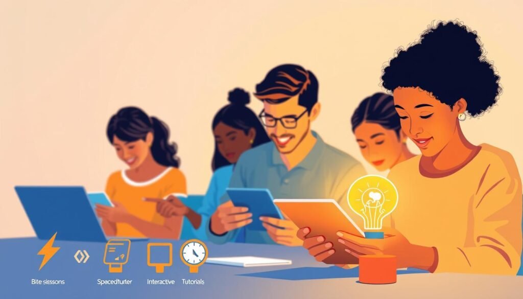 A vibrant, minimalist illustration of microlearning techniques. In the foreground, a series of small, dynamic icons representing different microlearning activities - a lightning bolt for bite-sized lessons, a timer for spaced repetition, a lightbulb for interactive tutorials. In the middle ground, a group of diverse learners engaged with their devices, absorbed in self-paced, adaptive learning experiences. The background features a clean, pastel-toned gradient, with subtle geometric patterns evoking a sense of digital engagement and modern pedagogy. Warm, directional lighting illuminates the scene, creating a sense of focus and engagement. The overall mood is one of efficiency, empowerment and 21st century skill development. A vibrant, minimalist illustration of microlearning techniques. In the foreground, a series of small, dynamic icons representing different microlearning activities - a lightning bolt for bite-sized lessons, a timer for spaced repetition, a lightbulb for interactive tutorials. In the middle ground, a group of diverse learners engaged with their devices, absorbed in self-paced, adaptive learning experiences. The background features a clean, pastel-toned gradient, with subtle geometric patterns evoking a sense of digital engagement and modern pedagogy. Warm, directional lighting illuminates the scene, creating a sense of focus and engagement. The overall mood is one of efficiency, empowerment and 21st century skill development.