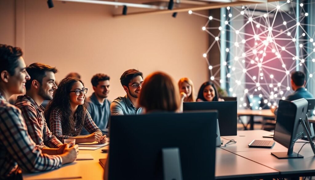 A vibrant online education community, illuminated by warm, natural lighting. In the foreground, a diverse group of learners engaged in lively discussion, their faces alight with enthusiasm. In the middle ground, a virtual classroom with sleek, minimalist desks and screens, conveying a sense of productivity and focus. The background features a dynamic, ever-evolving network of interconnected nodes, representing the seamless flow of ideas and knowledge-sharing. An atmosphere of collaboration, curiosity, and a shared pursuit of growth and understanding permeates the scene.