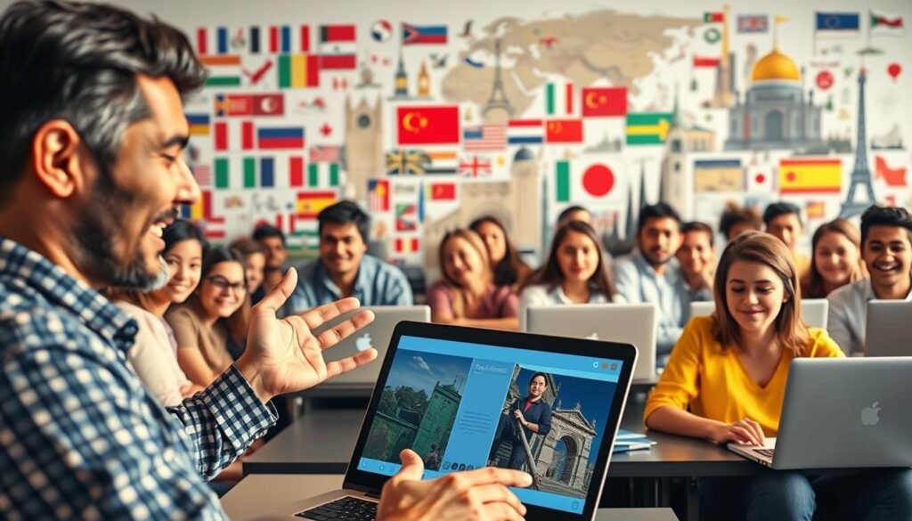 A vibrant online language learning experience, featuring a diverse group of students and instructors from around the world. In the foreground, a smiling instructor gestures animatedly during an engaging virtual lesson, their warm lighting illuminating the screen. In the middle ground, rows of attentive students lean in, laptops open, faces alight with curiosity and enthusiasm. The background showcases a collage of cultural icons, flags, and landmarks, representing the global reach and interconnectedness of this online educational journey. Soft, diffused lighting creates a welcoming, collaborative atmosphere, reflecting the joy of discovering new languages and bridging cultural divides. A vibrant online language learning experience, featuring a diverse group of students and instructors from around the world. In the foreground, a smiling instructor gestures animatedly during an engaging virtual lesson, their warm lighting illuminating the screen. In the middle ground, rows of attentive students lean in, laptops open, faces alight with curiosity and enthusiasm. The background showcases a collage of cultural icons, flags, and landmarks, representing the global reach and interconnectedness of this online educational journey. Soft, diffused lighting creates a welcoming, collaborative atmosphere, reflecting the joy of discovering new languages and bridging cultural divides.