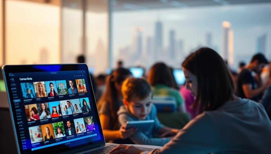 A vibrant online learning hub, bathed in soft, diffused lighting. In the foreground, a sleek, intuitive interface showcases a diverse array of digital courses, their thumbnails and course titles popping with vivid colors. In the middle ground, students of all ages and backgrounds engage with interactive lessons, their faces illuminated by the glow of their devices. The background blurs into a hazy, futuristic cityscape, symbolizing the boundless possibilities of the digital learning landscape. The overall scene exudes a sense of exploration, discovery, and the seamless integration of education and technology. A vibrant online learning hub, bathed in soft, diffused lighting. In the foreground, a sleek, intuitive interface showcases a diverse array of digital courses, their thumbnails and course titles popping with vivid colors. In the middle ground, students of all ages and backgrounds engage with interactive lessons, their faces illuminated by the glow of their devices. The background blurs into a hazy, futuristic cityscape, symbolizing the boundless possibilities of the digital learning landscape. The overall scene exudes a sense of exploration, discovery, and the seamless integration of education and technology.