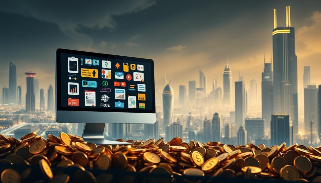 A visually striking digital landscape showcasing the potential of passive income from digital products. In the foreground, a sleek, minimalist computer monitor displays various icons and graphics representing diverse digital products like ebooks, online courses, and software. The middle ground features a sea of golden coins and dollar signs, symbolizing the financial rewards of this income stream. The background is a futuristic cityscape, with towering skyscrapers and gleaming technology, conveying a sense of innovation and limitless possibilities. Dramatic lighting casts long shadows, adding depth and drama to the scene. The overall mood is one of opportunity, success, and the power of passive income in the digital age.