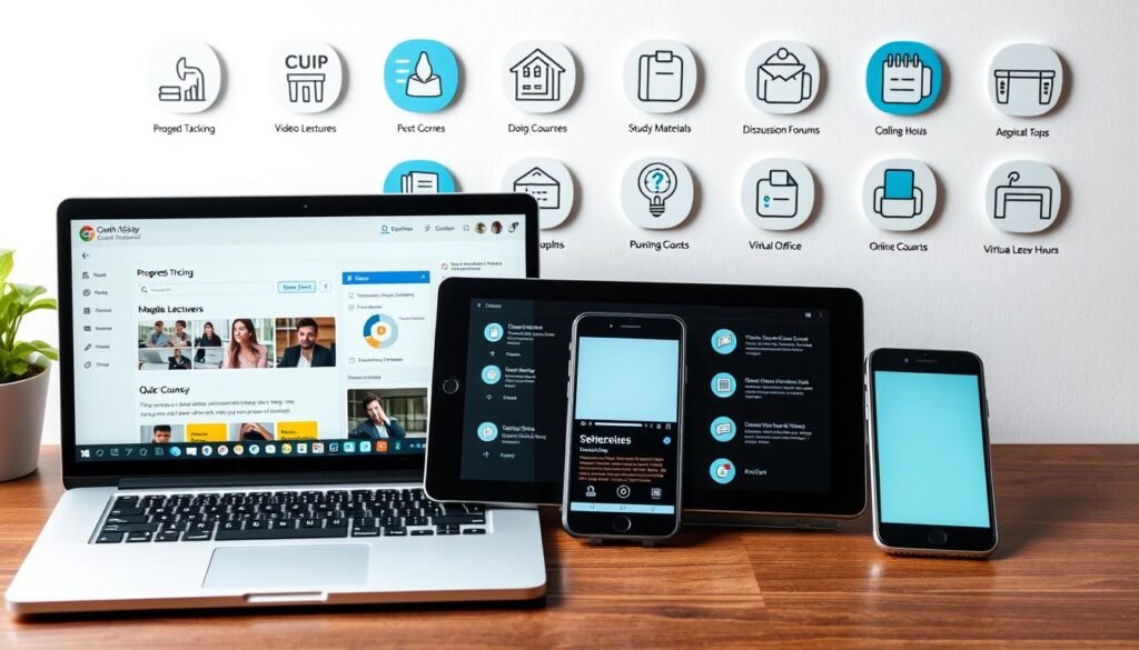 A well-lit, high-resolution image of various online course features laid out in an organized, visually appealing manner. In the foreground, a laptop showing an interactive course dashboard with progress tracking, video lectures, and quiz functionality. In the middle ground, a tablet displaying mobile course access and a smartphone with a course-related app. In the background, icons representing course resources like downloadable study materials, discussion forums, and virtual office hours. The overall composition conveys a sense of accessibility, interactivity, and comprehensive online learning experience.