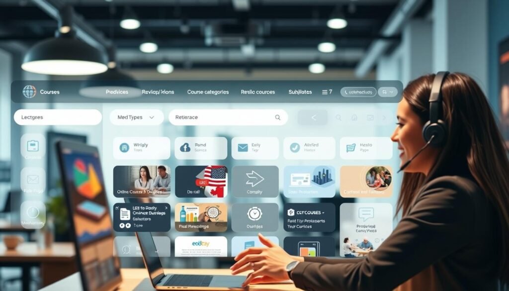 A well-lit, inviting online course marketplace with a sleek, modern interface. In the foreground, a friendly customer service agent offers personalized assistance to a student navigating the platform, their expressions warm and attentive. The middle ground showcases a variety of course categories, icons, and navigational elements, all designed with a clean, minimalist aesthetic. In the background, a gently blurred cityscape or abstract pattern creates a sense of depth and sophistication. The lighting is soft and directional, creating depth and highlighting the key features. The overall mood is one of professionalism, approachability, and a commitment to supporting learners on their educational journey. A well-lit, inviting online course marketplace with a sleek, modern interface. In the foreground, a friendly customer service agent offers personalized assistance to a student navigating the platform, their expressions warm and attentive. The middle ground showcases a variety of course categories, icons, and navigational elements, all designed with a clean, minimalist aesthetic. In the background, a gently blurred cityscape or abstract pattern creates a sense of depth and sophistication. The lighting is soft and directional, creating depth and highlighting the key features. The overall mood is one of professionalism, approachability, and a commitment to supporting learners on their educational journey.