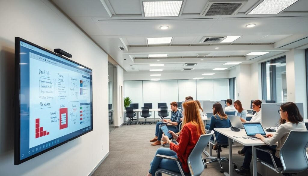 A well-lit, modern office environment showcasing a variety of interactive online collaboration tools. In the foreground, a large touchscreen display presents a virtual whiteboard with participants' notes and diagrams. In the middle ground, a group of students intently engage with their laptops and tablets, communicating through video conferencing software. The background features sleek workstations and ergonomic chairs, creating a professional, yet welcoming atmosphere conducive to effective remote learning. Soft, diffused lighting from overhead fixtures illuminates the scene, accentuating the clean, minimalist design aesthetic. The overall impression conveys a sense of seamless, tech-enabled collaboration and active student participation. A well-lit, modern office environment showcasing a variety of interactive online collaboration tools. In the foreground, a large touchscreen display presents a virtual whiteboard with participants' notes and diagrams. In the middle ground, a group of students intently engage with their laptops and tablets, communicating through video conferencing software. The background features sleek workstations and ergonomic chairs, creating a professional, yet welcoming atmosphere conducive to effective remote learning. Soft, diffused lighting from overhead fixtures illuminates the scene, accentuating the clean, minimalist design aesthetic. The overall impression conveys a sense of seamless, tech-enabled collaboration and active student participation.