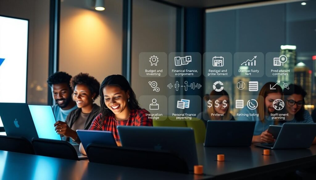 A well-lit, modern online learning platform with a sleek, user-friendly interface. In the foreground, a group of diverse individuals enthusiastically engaged in financial literacy courses, their faces illuminated by the glow of their laptops and tablets. The middle ground showcases a variety of course topics, from budgeting and investing to personal finance and retirement planning, represented by dynamic icons and infographics. The background features a cityscape, symbolizing the real-world application and importance of financial literacy in everyday life. The overall scene conveys a sense of empowerment, knowledge, and a commitment to personal financial well-being. A well-lit, modern online learning platform with a sleek, user-friendly interface. In the foreground, a group of diverse individuals enthusiastically engaged in financial literacy courses, their faces illuminated by the glow of their laptops and tablets. The middle ground showcases a variety of course topics, from budgeting and investing to personal finance and retirement planning, represented by dynamic icons and infographics. The background features a cityscape, symbolizing the real-world application and importance of financial literacy in everyday life. The overall scene conveys a sense of empowerment, knowledge, and a commitment to personal financial well-being.