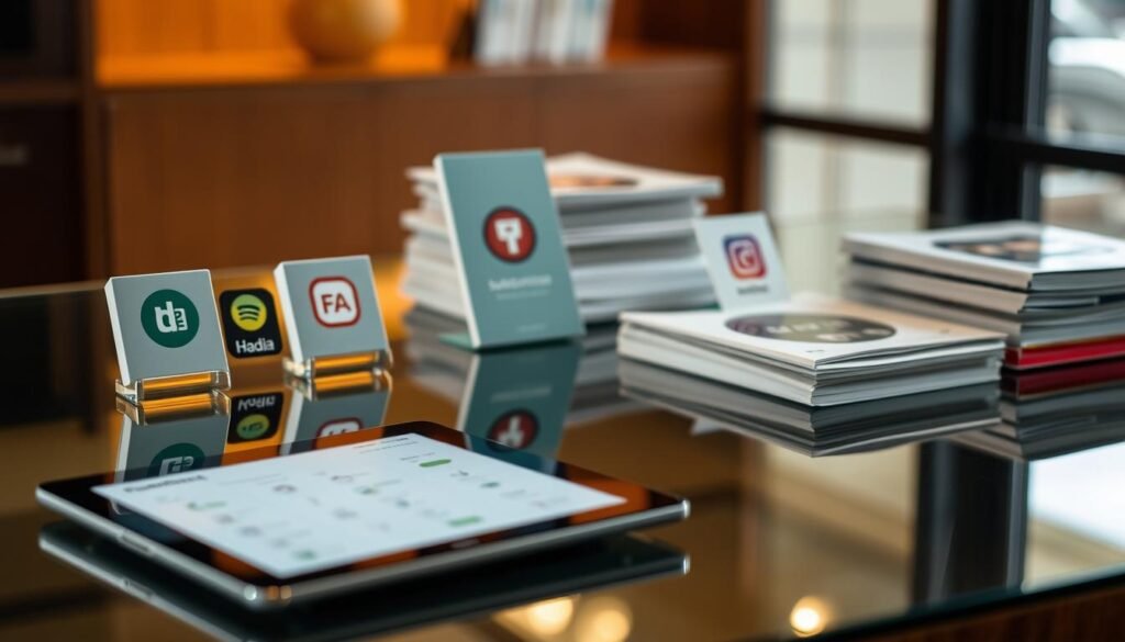 An elegant glass table showcases a variety of digital subscription offerings, each with its own unique icon and color scheme. The scene is bathed in warm, directional lighting, casting subtle shadows that add depth and dimensionality. In the foreground, a sleek tablet displays a subscription dashboard, its intuitive interface inviting the viewer to explore the various plans. The middle ground features stacks of neatly organized documents, hinting at the transition from traditional media to modern, cloud-based content delivery. The background subtly blurs, highlighting the focus on the subscription models and their seamless integration into the digital landscape. An elegant glass table showcases a variety of digital subscription offerings, each with its own unique icon and color scheme. The scene is bathed in warm, directional lighting, casting subtle shadows that add depth and dimensionality. In the foreground, a sleek tablet displays a subscription dashboard, its intuitive interface inviting the viewer to explore the various plans. The middle ground features stacks of neatly organized documents, hinting at the transition from traditional media to modern, cloud-based content delivery. The background subtly blurs, highlighting the focus on the subscription models and their seamless integration into the digital landscape.