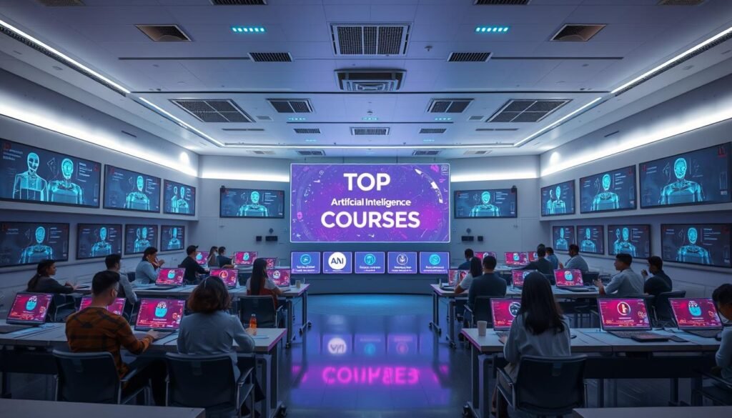 An expansive digital classroom filled with holographic AI instructors, glowing course modules, and students engaged in immersive virtual learning. A crisp, clean aesthetic with soft lighting, sleek futuristic interfaces, and subtle hints of technology. The focal point is a central display showcasing the "Top Artificial Intelligence Courses" offered, each with its own distinct visual identity. The overall mood is one of progression, innovation, and a sense of excitement for the future of education. An expansive digital classroom filled with holographic AI instructors, glowing course modules, and students engaged in immersive virtual learning. A crisp, clean aesthetic with soft lighting, sleek futuristic interfaces, and subtle hints of technology. The focal point is a central display showcasing the "Top Artificial Intelligence Courses" offered, each with its own distinct visual identity. The overall mood is one of progression, innovation, and a sense of excitement for the future of education.