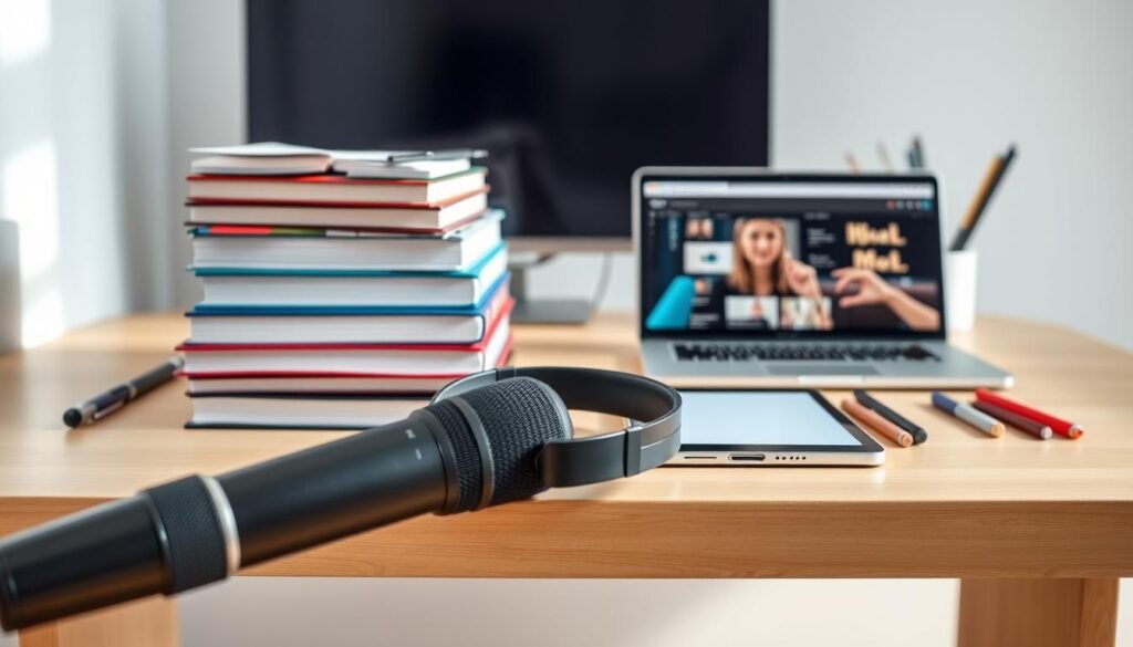 Bundled learning resources, meticulously arranged on a clean, modern desktop. A stack of textbooks, notebooks, and stationery sit atop a sleek, minimalist wooden surface, bathed in soft, natural lighting. In the foreground, a high-quality microphone and a pair of professional-grade headphones hint at the audio components. In the middle ground, a laptop and tablet display crisp, engaging digital content, while the background features a neutral, distraction-free backdrop, allowing the learning materials to take center stage. The scene conveys a sense of focus, productivity, and the perfect fusion of physical and digital resources for a comprehensive educational experience.