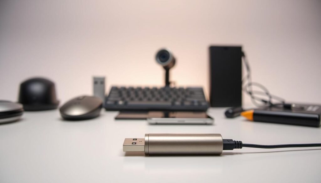 Compact digital tools, an array of advanced micro-electronics, neatly arranged on a minimalist workspace. In the foreground, a sleek, metallic USB drive, its surface reflecting the warm glow of a soft, directional light. Surrounding it, a compact wireless mouse, a slim wireless keyboard, and a portable power bank, all designed with a focus on streamlined functionality. In the middle ground, a high-resolution webcam and a state-of-the-art microphone, capturing crisp audio and video for content creation. The background features a clean, monochromatic backdrop, allowing the tools to take center stage and showcase their compact, modern aesthetic. The overall atmosphere exudes a sense of efficiency, professionalism, and the promise of unlocking new digital opportunities.