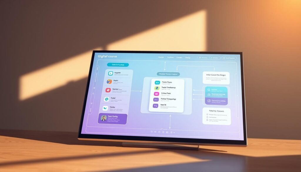 Detailed digital course design blueprint, featuring a clean, minimalist interface. Prominent central display showcases an interactive course structure, with modular sections and interactive elements. In the foreground, colorful icons and smooth gradients denote different course components. The middle ground depicts a stylized 3D perspective of the course navigation, with intuitive menus and progress indicators. The background features a subtle geometric pattern, creating a sense of depth and professionalism. Warm, natural lighting casts a subtle glow, highlighting the sleek, modern aesthetic. The overall composition conveys a sense of organization, engagement and user-friendly design, perfect for an online course.