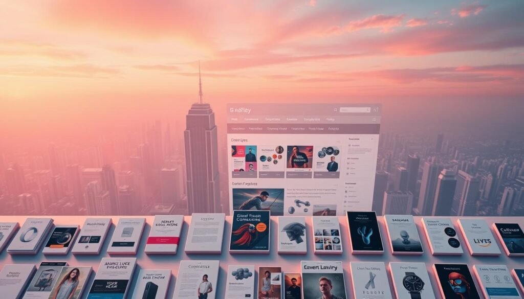 Dramatic overhead view of a modern digital downloads platform, showcased in a minimalist, elegant design. In the foreground, various digital products such as ebooks, templates, and graphics are neatly arranged, their icons and thumbnails subtly illuminated. The middle ground features a sleek, intuitive user interface with clean typography and well-organized categories. The background depicts a serene, futuristic cityscape, with skyscrapers and a vibrant, pastel-hued sky, creating a sense of technological advancement and urban sophistication. Soft, directional lighting casts a warm, inviting glow across the entire scene, enhancing the premium, high-quality feel of the digital downloads platform. Dramatic overhead view of a modern digital downloads platform, showcased in a minimalist, elegant design. In the foreground, various digital products such as ebooks, templates, and graphics are neatly arranged, their icons and thumbnails subtly illuminated. The middle ground features a sleek, intuitive user interface with clean typography and well-organized categories. The background depicts a serene, futuristic cityscape, with skyscrapers and a vibrant, pastel-hued sky, creating a sense of technological advancement and urban sophistication. Soft, directional lighting casts a warm, inviting glow across the entire scene, enhancing the premium, high-quality feel of the digital downloads platform.