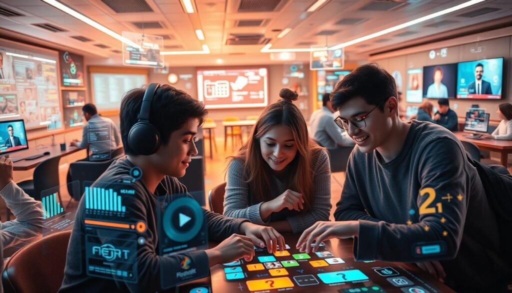 Gamification in distance learning: an immersive digital landscape with students engaged in a variety of interactive, game-like activities. In the foreground, a group of learners collaborate on a puzzle-solving challenge, their faces alight with concentration. Surrounding them, a middle ground of holographic interfaces, progress bars, and leaderboards, creating a sense of friendly competition. In the background, a futuristic classroom with virtual whiteboards, AI tutors, and seamless video conferencing, all bathed in a warm, inviting glow. The overall atmosphere is one of active learning, creativity, and a sense of playful discovery, capturing the power of gamification to enhance the remote education experience.