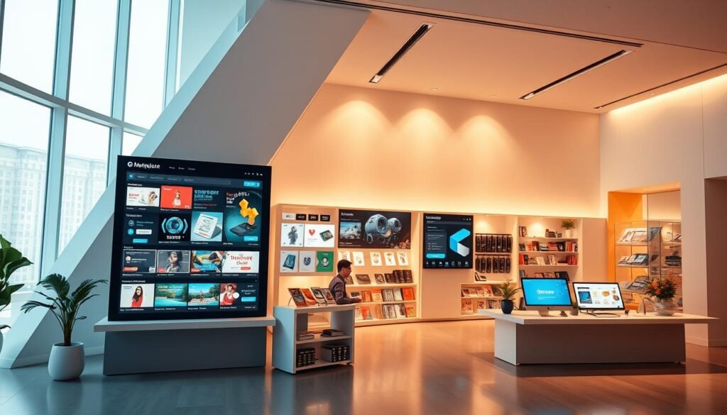 Vibrant digital marketplace with a sleek, modern interface. Prominent product displays showcasing a diverse array of digital goods against a backdrop of clean, geometric shapes and minimalist design. Warm, natural lighting casts a soft glow, creating an inviting and trustworthy atmosphere. Subtle gradient overlays add depth and visual interest. User-friendly navigation and intuitive search functionality are clearly visible. Carefully curated product categories and promotional highlights draw the eye, enticing potential customers. An overall sense of professionalism, reliability, and cutting-edge technology permeates the scene.