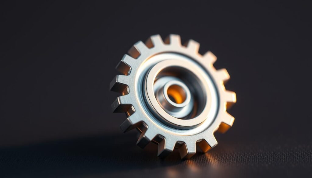 a highly detailed, macro photograph of a tiny digital gear, cast in a metallic chrome finish, illuminated by warm, natural lighting from an angle that highlights its intricate mechanical components and precisely machined teeth. The gear is set against a minimalist, dark grey background, creating a visually striking and technically-focused composition that emphasizes the elegance and precision of micro-engineered digital products.